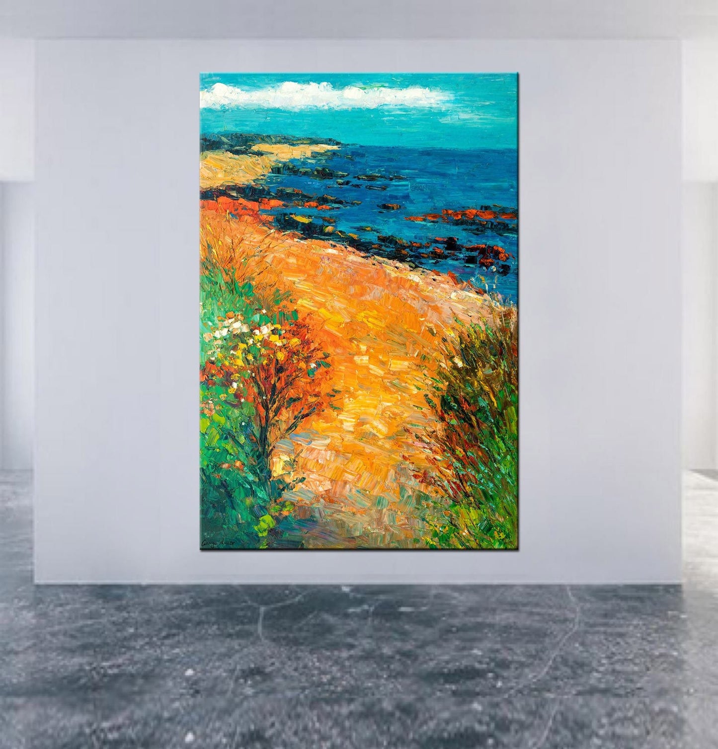 Seascape Oil Painting Seaside Path, Artwork, Oil Painting, Landscape Wall Art, Oversized Paintings On Canvas, Handmade Art, Modern Painting