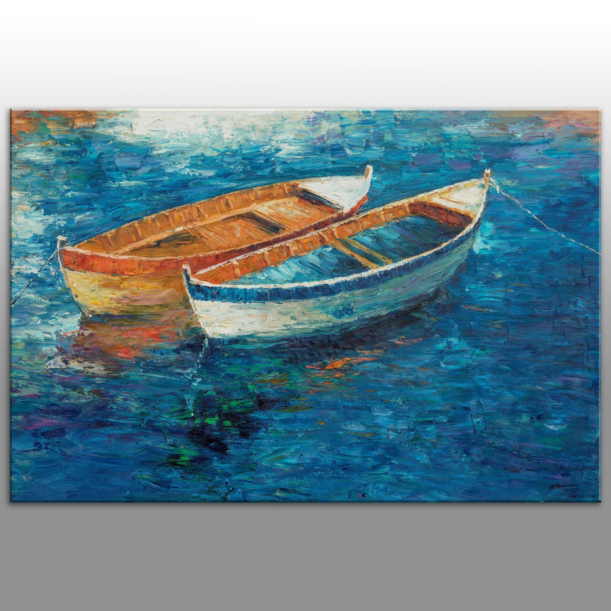 Fishing Boat Seascape: Large Abstract Oil Painting, 32x48 inches