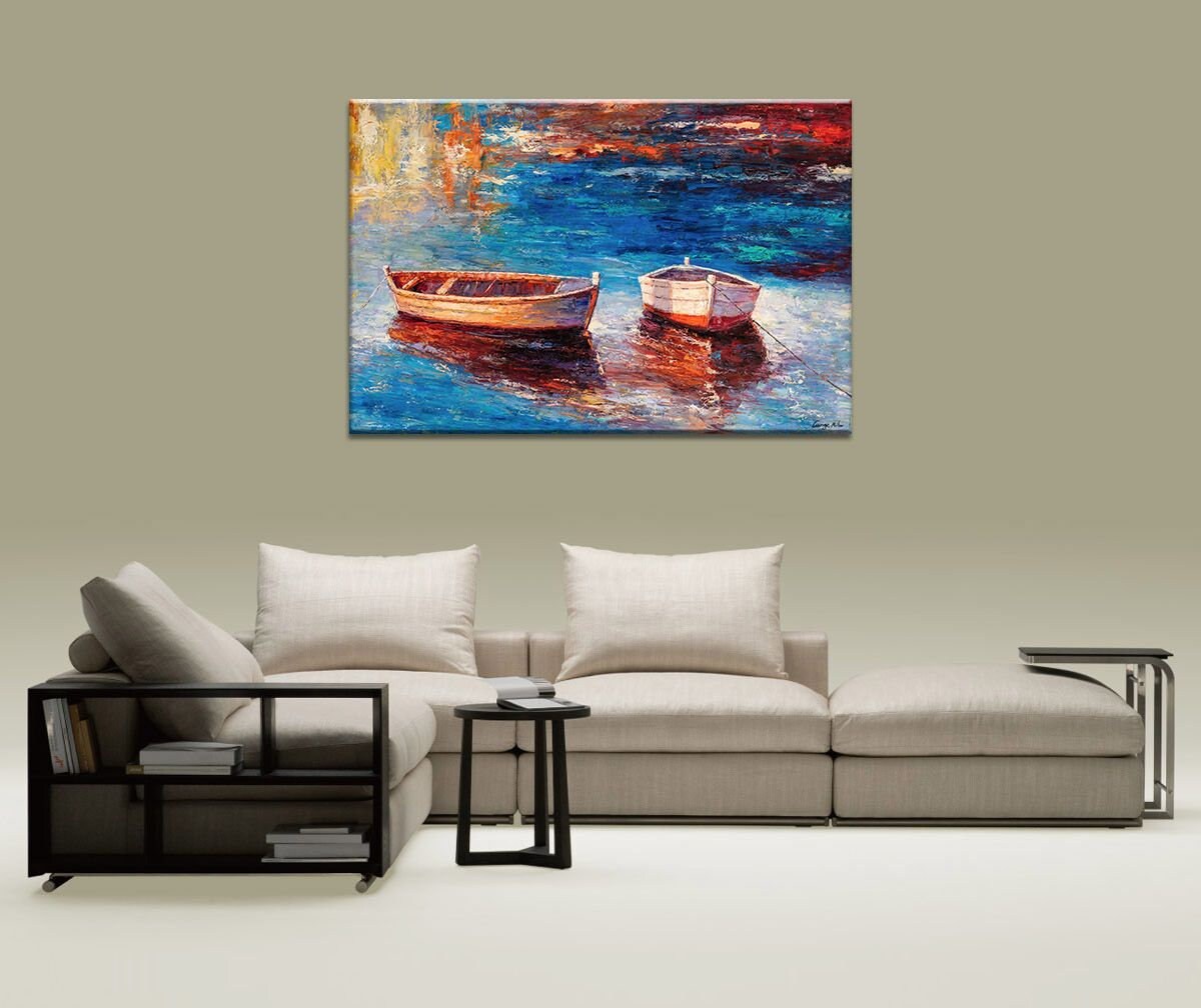 Large Oil Painting Fishing Boats, Large Wall Art Painting, Living Room Wall Art, Contemporary Art, Original Oil Painting Seascape, Original