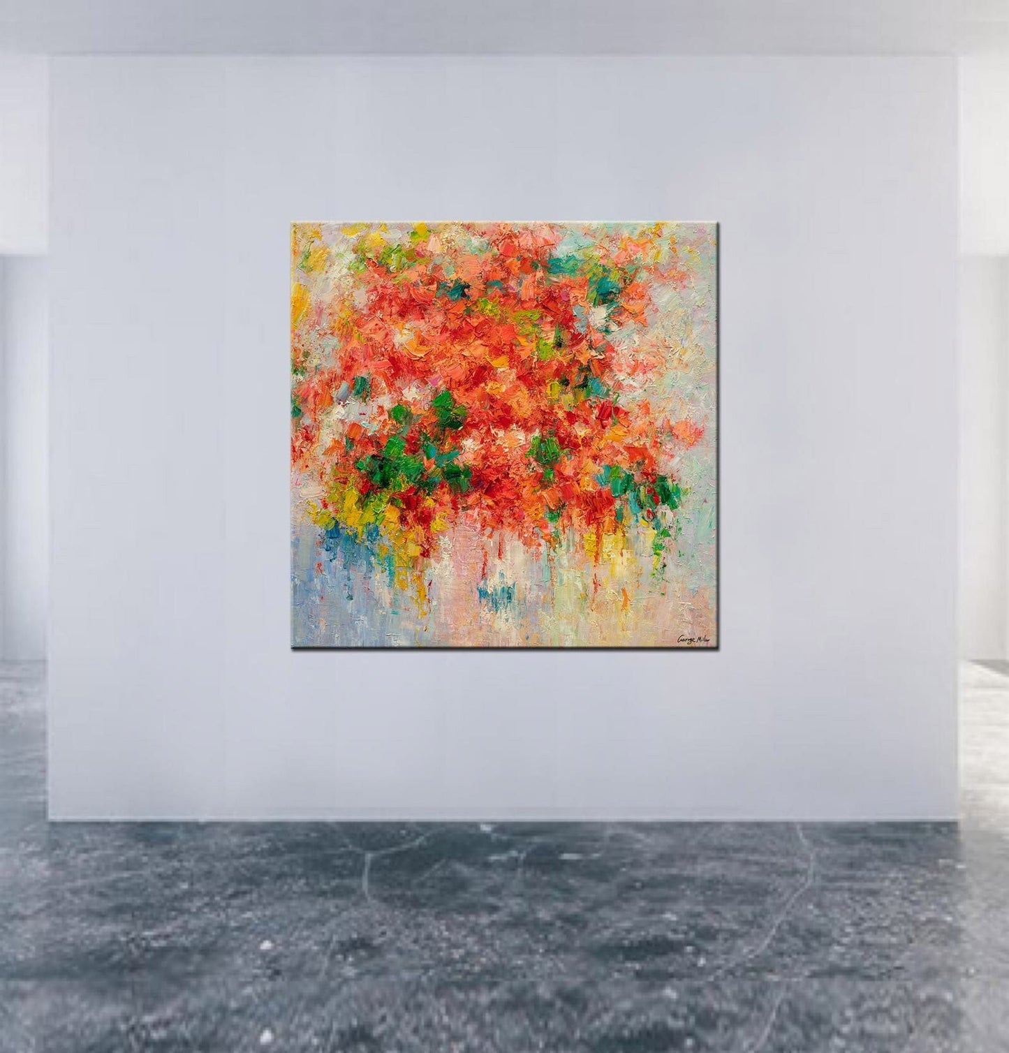 Spring Red Flowers Oil Painting - Abstract 36x36 | Large Wall Art | Ready to Hang, Floral Painting, Large Wall Art Canvas, Canvas Art