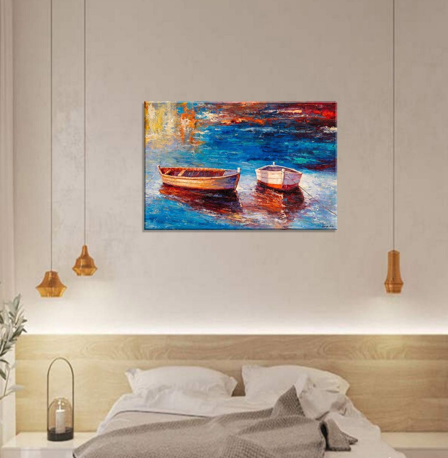 Large Oil Painting Fishing Boats, Large Wall Art Painting, Living Room Wall Art, Contemporary Art, Original Oil Painting Seascape, Original