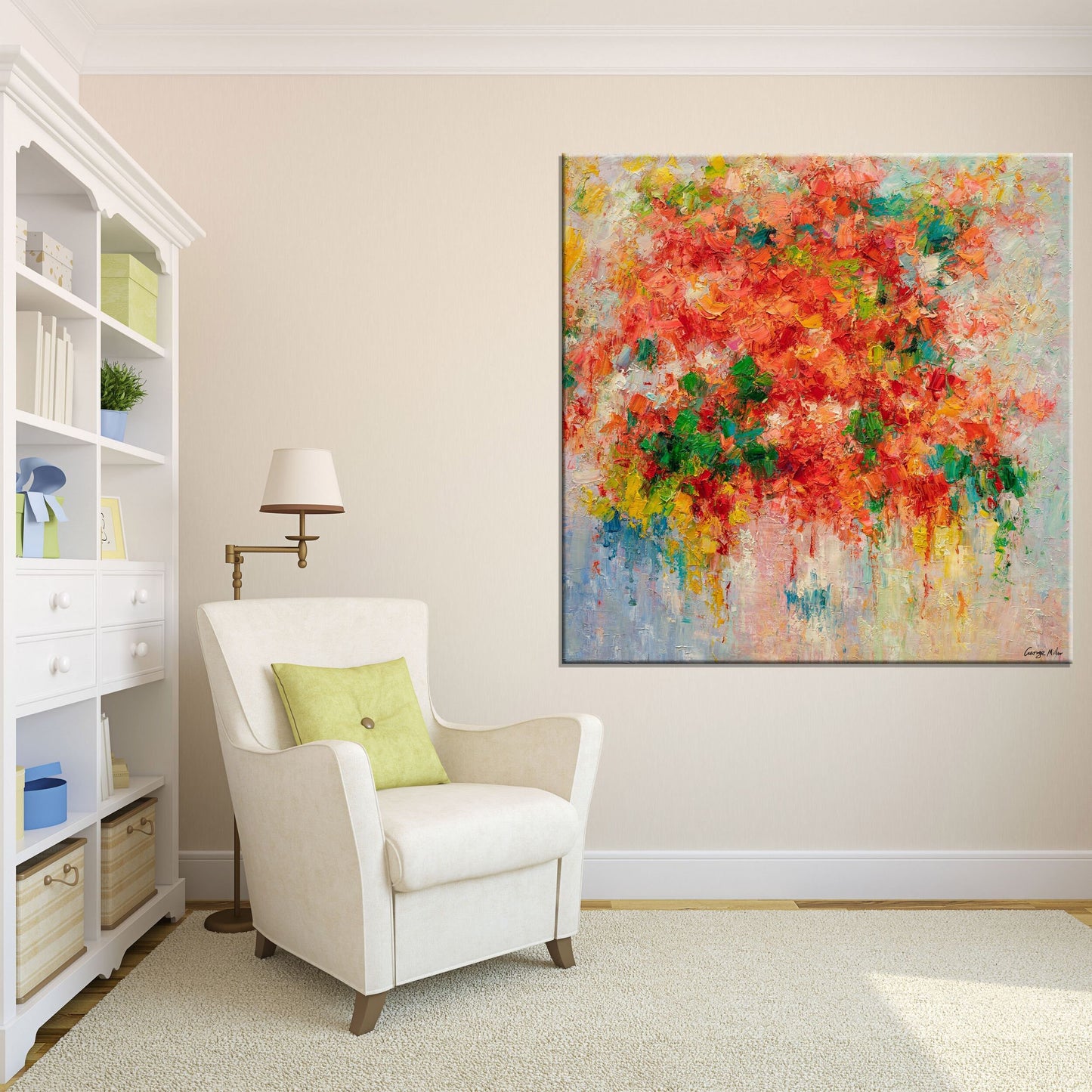 Spring Red Flowers Oil Painting - Abstract 36x36 | Large Wall Art | Ready to Hang, Floral Painting, Large Wall Art Canvas, Canvas Art