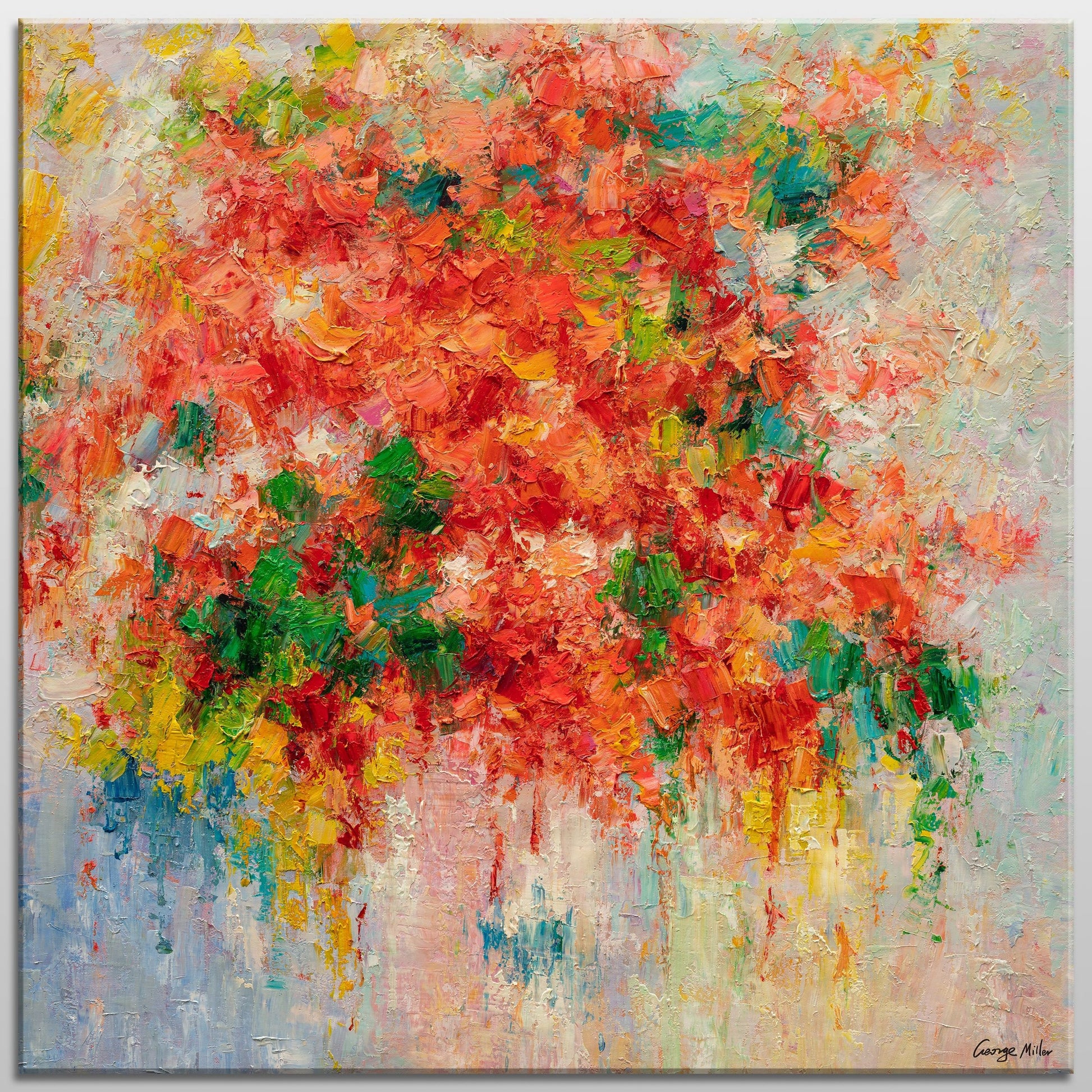 Spring Red Flowers Oil Painting - Abstract 36x36 | Large Wall Art | Ready to Hang, Floral Painting, Large Wall Art Canvas, Canvas Art