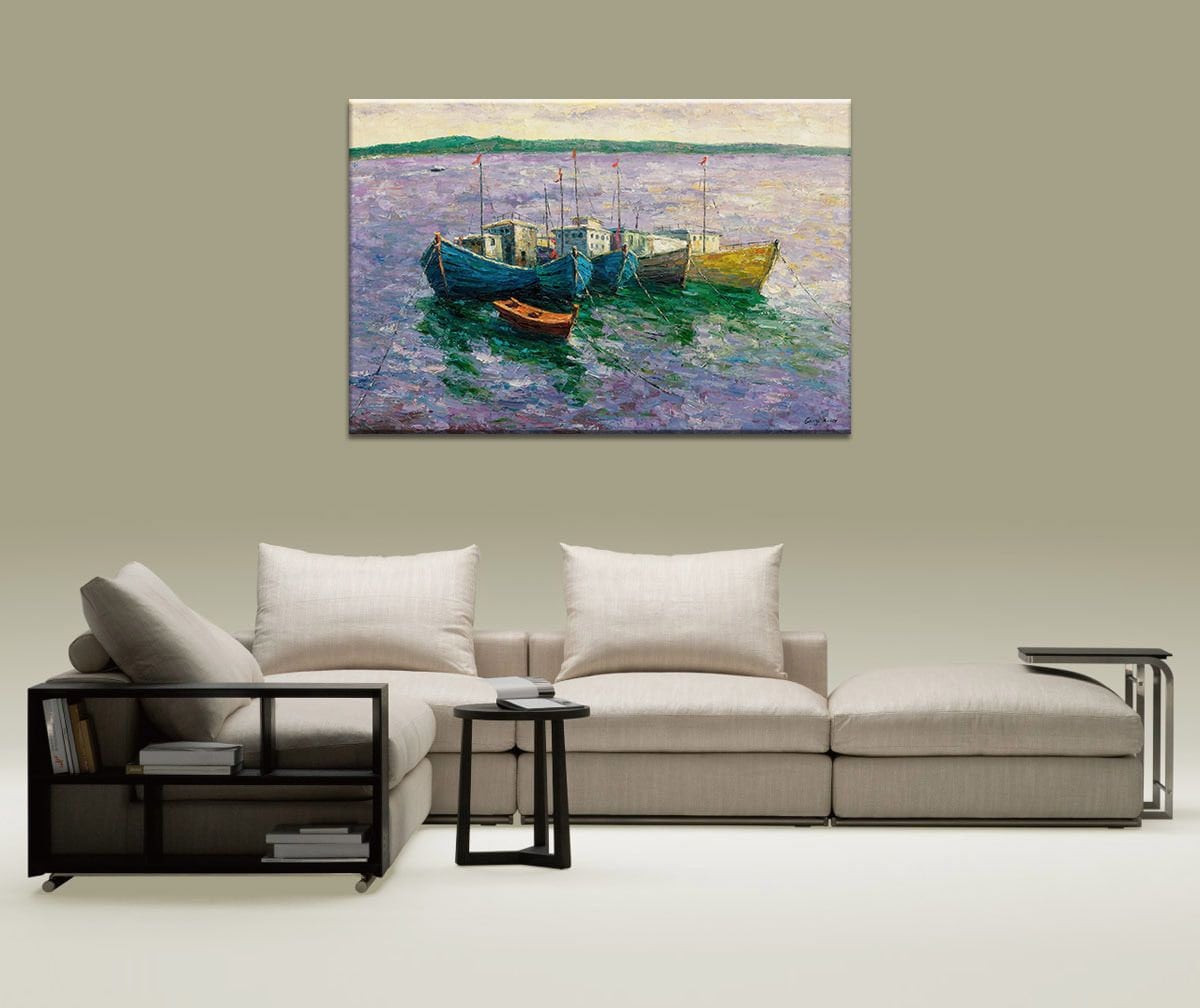 Fishing Boats Seascape: Large Oil Painting - 32x48 inches - Original Art - Ready to Hang, Large Landscape Painting, Original Oil Painting