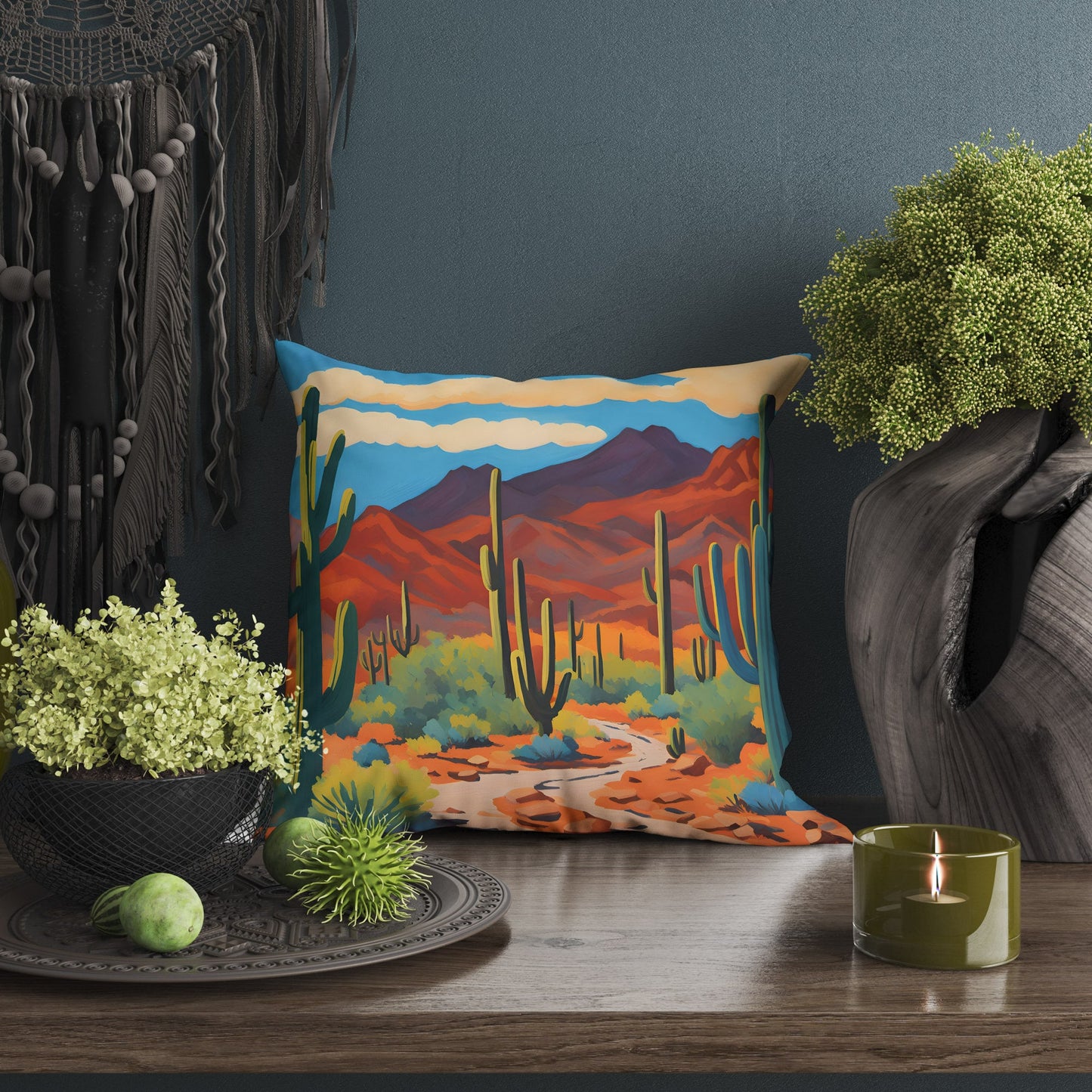 Bajada Loop Drive In Tucson Mountain District, Saguaro National Park Tapestry Pillows, Usa Travel Pillow, Designer Pillow, Colorful Pillow