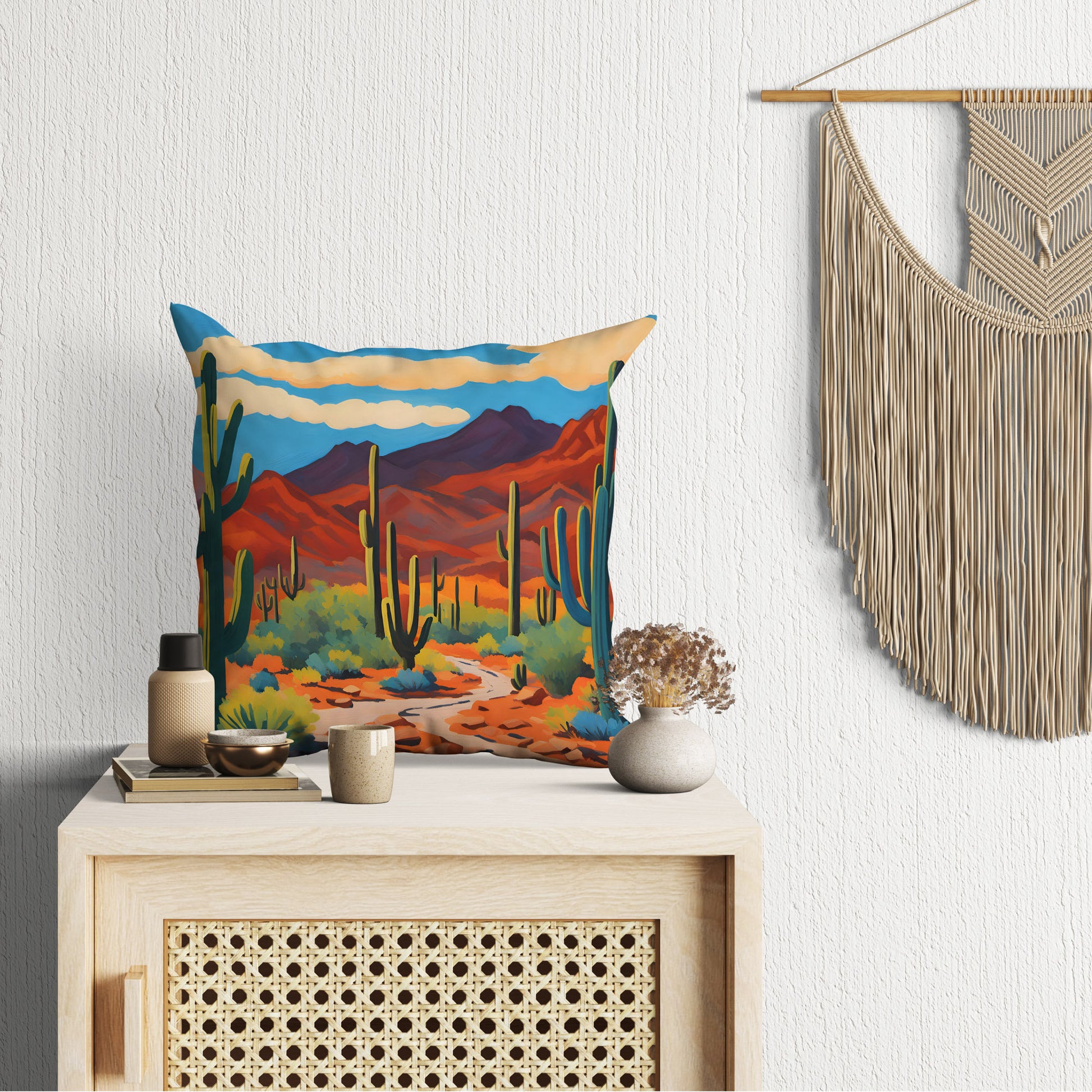 Bajada Loop Drive In Tucson Mountain District, Saguaro National Park Tapestry Pillows, Usa Travel Pillow, Designer Pillow, Colorful Pillow